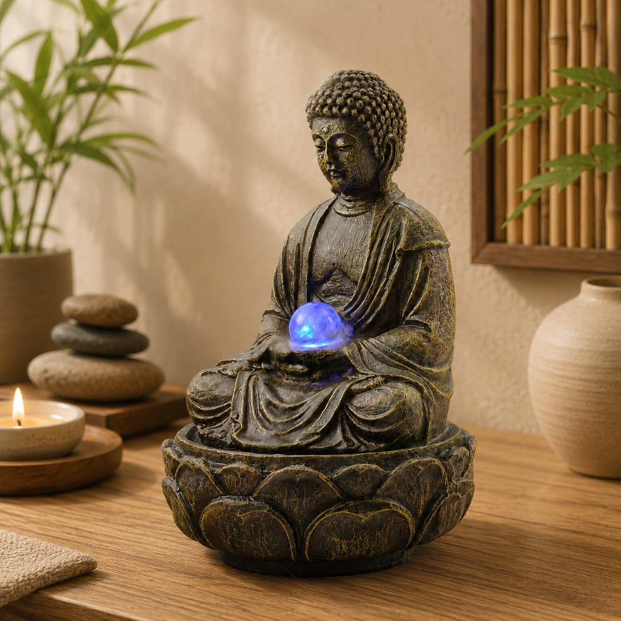 Indoor Tabletop Water Fountain with LED Light, Resin Rock-Look Waterfall Decor, Feng Shui Inspired Zen Fountain for Desk, Office, Bedroom, Living Room & Meditation Space (9" Cascading Rock)