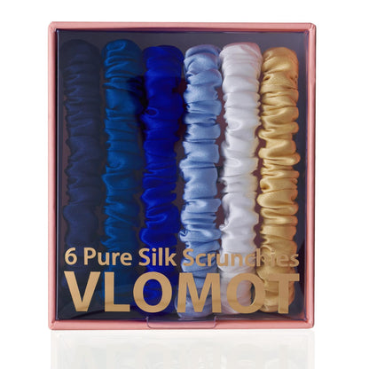 VLOMOT 6 Pcs Set 100% Pure Mulberry Silk Hair Scrunchies - 6 Chic Colors Everyday Skinny Scrunchies Silk Ponytail Holders - No Damage (Purple)