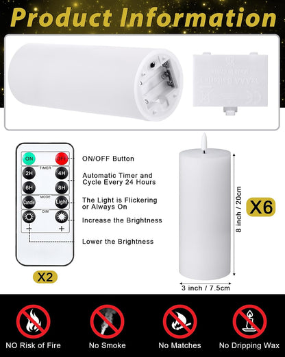 VIHOSE 12 Pack White Flameless Candles Set with Remote and Timer Flickering Flameless Battery Candles Flat Top LED Pillar for Wedding Outdoor Home Festival Decoration(D 3'' H 4'' 5'' 6'')