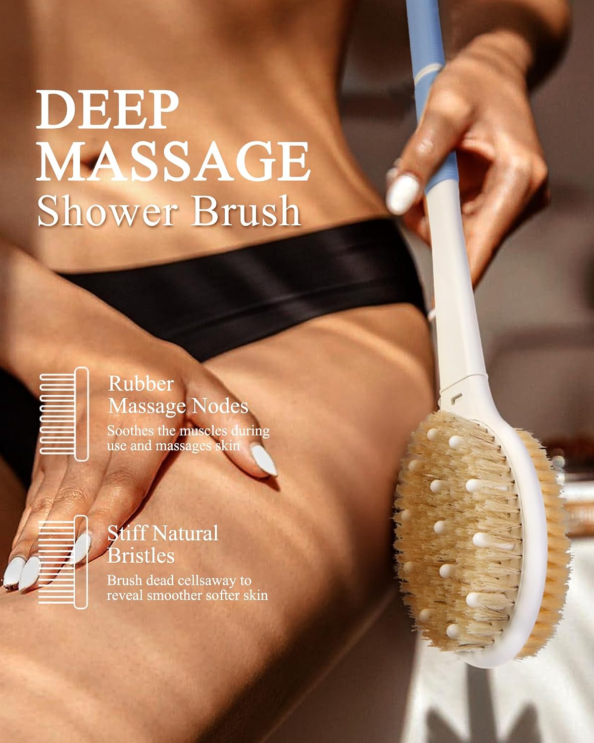 Dry Brushing Body Brush for Massage - Natural Boar Bristle Exfoliating Brush with Massage Nodes for Lymphatic Drainage, Cellulite, Blood Circulation Improving Skin Health for Women Men Elderly(Grey)