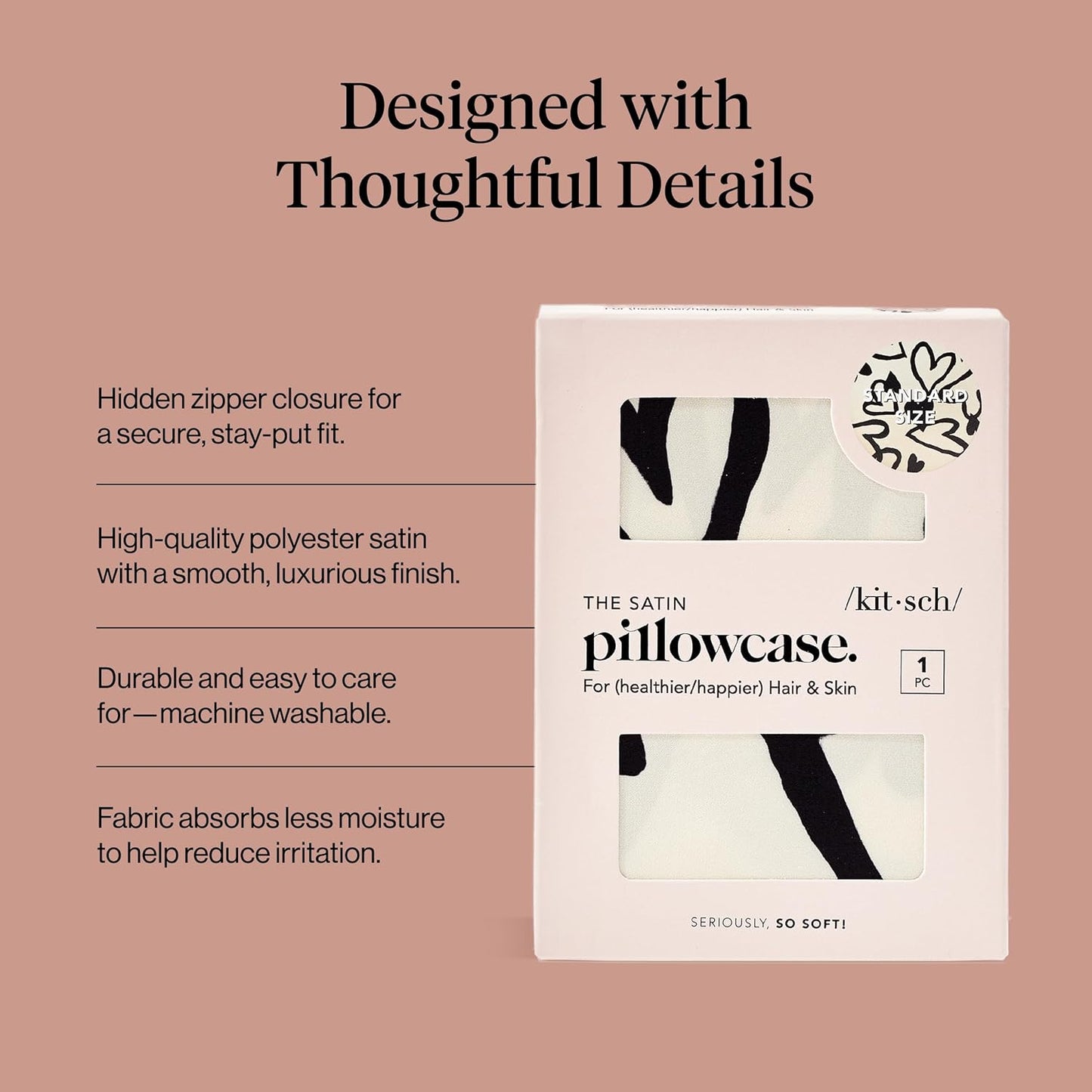 Kitsch Satin Pillowcase with Zipper for Hair & Skin - Softer Than Silk Pillow Cases, Smooth Cooling Satin Pillow Case, Wrinkle-Free, Machine Washable - Pillow Cases Standard Size (19x26) - Blush