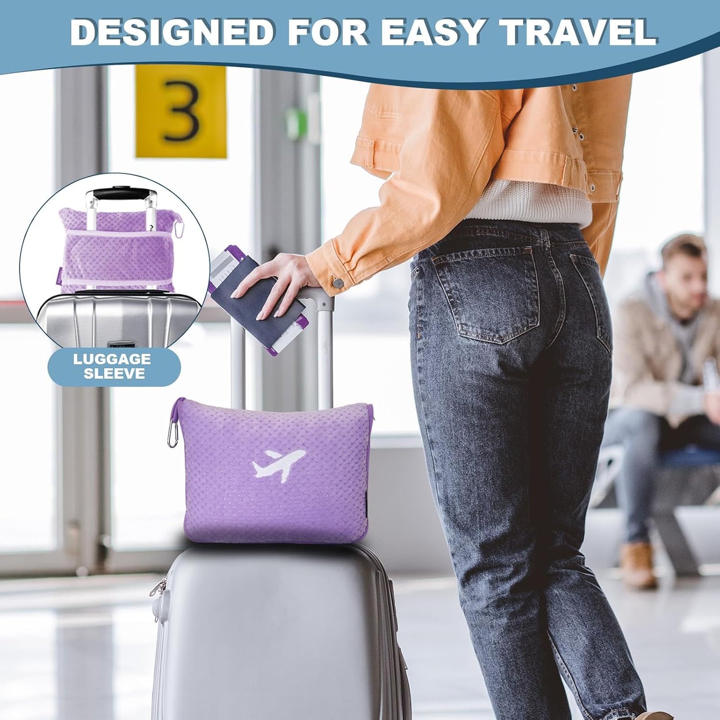 Travel Blanket Airplane Compact with Bag, Travel Essentials 3 in 1 Packable Airplane Blanket, Travel Pillow and Blanket Set, Inflatable Pillow, Luggage Sleeve & Backpack Clip (Light Grey)