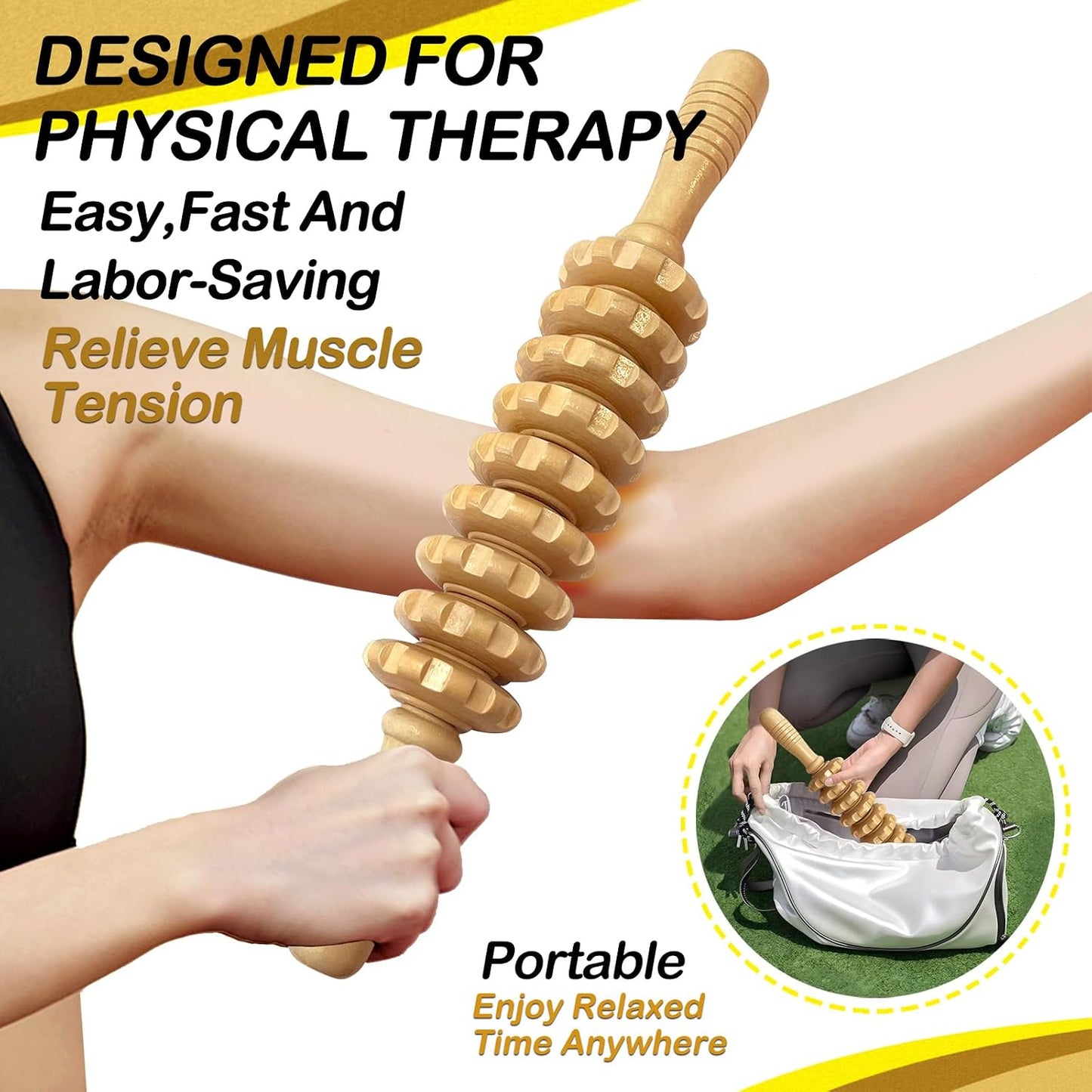 Wooden Massager Handheld Roller Trigger Point Massager Stick for Fascia, Cellulite, Muscle & Abdomen , Body Therapy Massager, Muscle Belly Relief Tool…