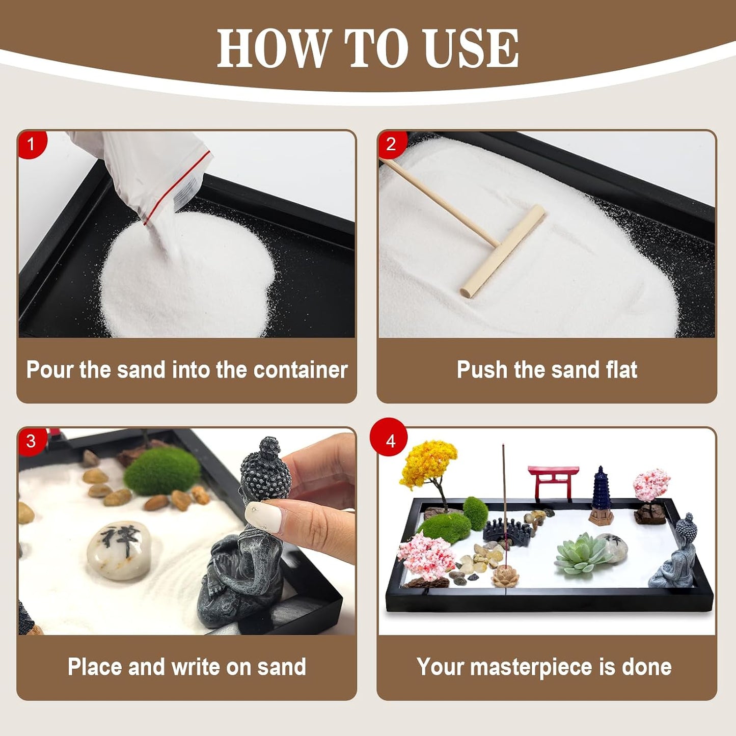 Zen Garden for Desk Decor - Premium Beautiful Japanese Mini Zen Sand Garden Kit Box for Home, Office Desk with Black Wooden Tray, White Sand, Tools, Red Gate, Buddha - Desktop Set
