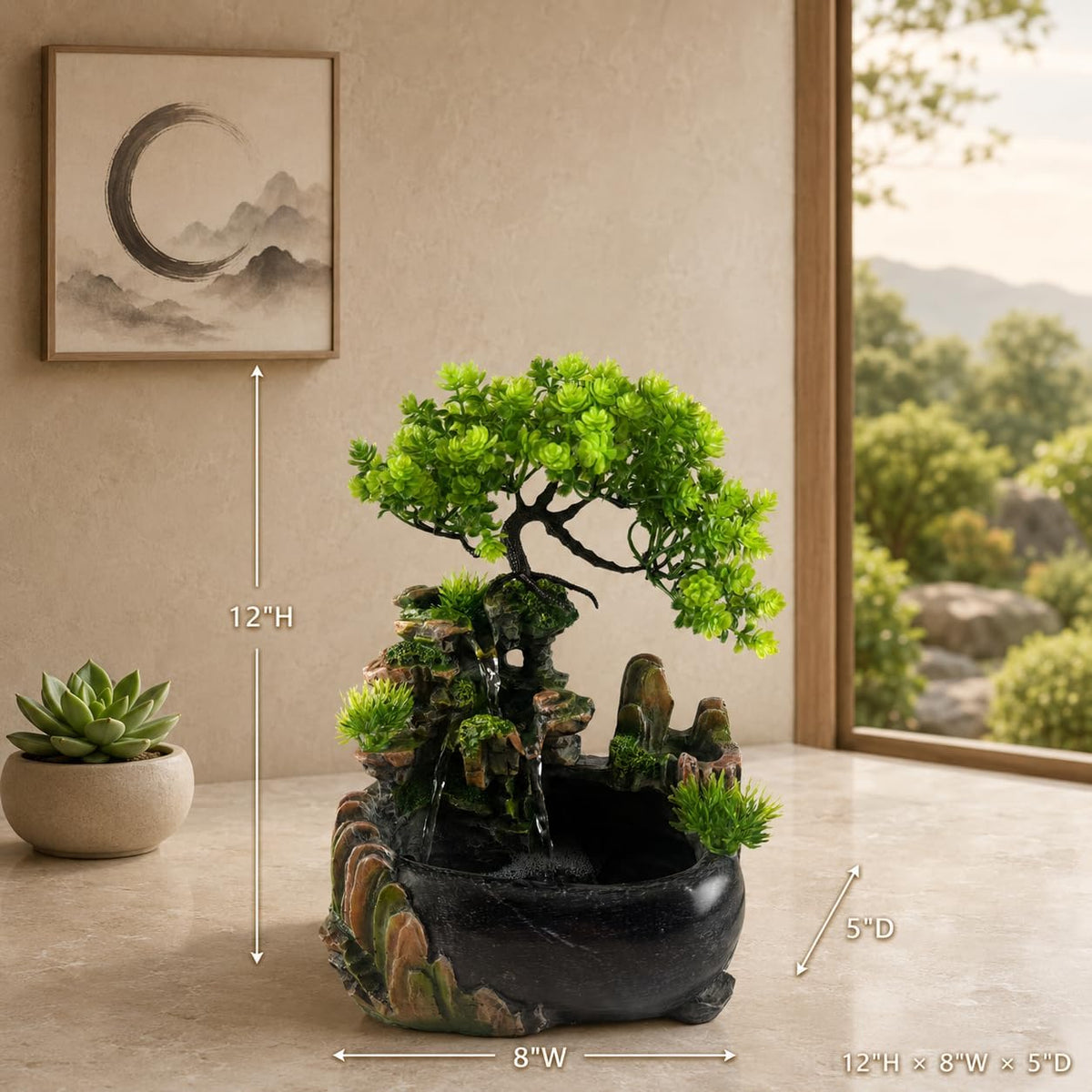 Indoor Tabletop Water Fountain with LED Light, Resin Rock-Look Waterfall Decor, Feng Shui Inspired Zen Fountain for Desk, Office, Bedroom, Living Room & Meditation Space (9" Cascading Rock)
