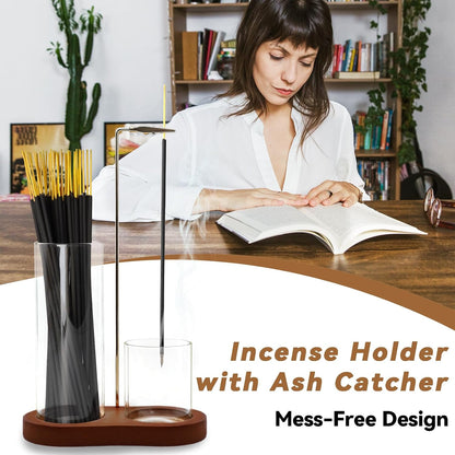 Incense Holder, 2 in 1 Incense Sticks Burner with Glass Ash Catcher & Stick Storage, Meditation Yoga Spa Gifts for Women, House Warming Gifts New Home Wooden Aesthetic Room Decor, Rustic Brown