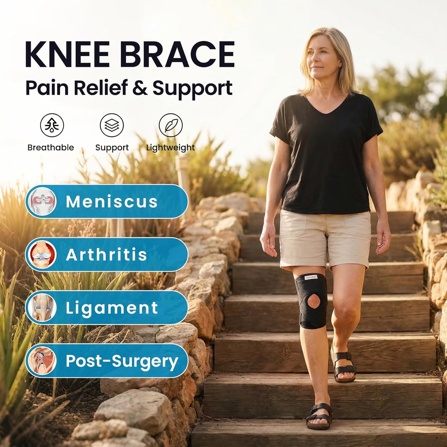 Galvaran Knee Brace with Side Stabilizers for Meniscal Tear Knee Pain ACL MCL Arthritis Injuries Recovery, Breathable Adjustable Knee Support for Men and Women