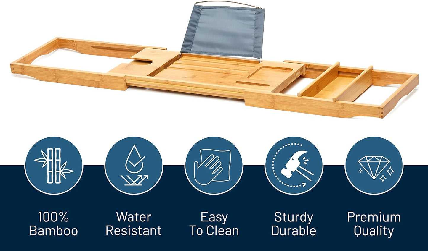 Bamboo Bathtub Caddy Tray, Expandable Bath Table Over Tub with Glass Book