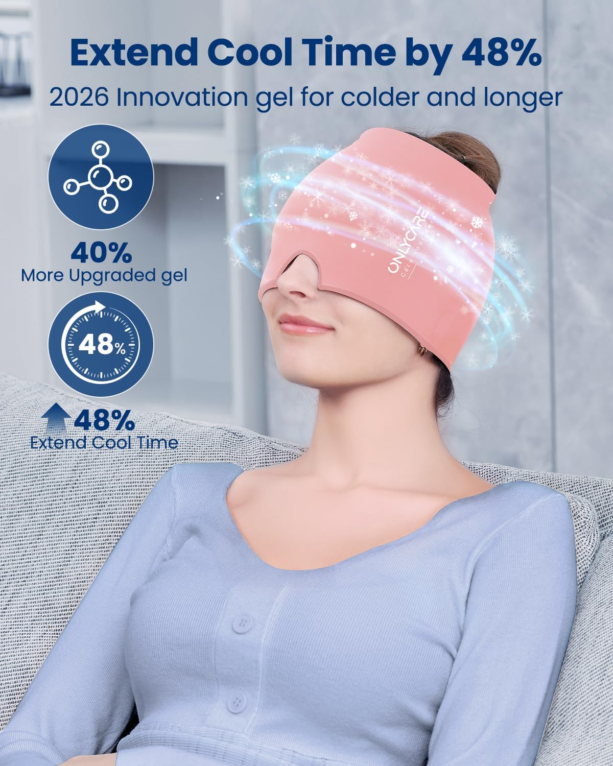 ONLYCARE Migraine Relief Cap, Upgraded Headache Relief Cap with Odorless Reusable Gel Head Wrap, Soothing Face Ice Pack Mask Products with Hot & Cold Therapy for Tension, Stress, Hangover & Puffy Eyes