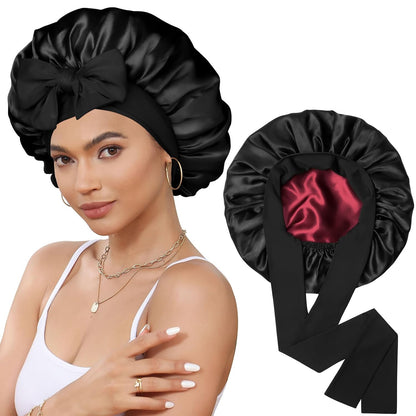Satin Bonnet for Sleeping Cap Double Layer Hair Bonnet with Elastic Tie Band for Curly Hair Night Cap (Bean Paste + Pink)