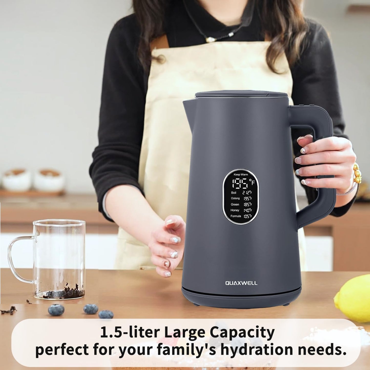1.5L Electric Kettle Stainless Steel Double Wall Cold Touch Tea Kettle, Quick Boil, 5 Temperature Control, LED Display, Auto Shutoff, Warm Function, Green