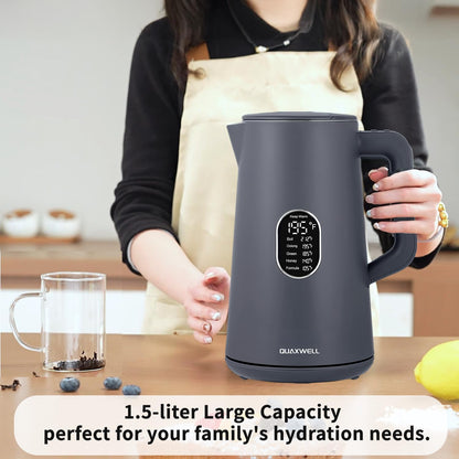1.5L Electric Kettle Stainless Steel Double Wall Cold Touch Tea Kettle, Quick Boil, 5 Temperature Control, LED Display, Auto Shutoff, Warm Function, Green
