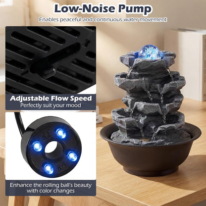Giantex Tabletop Water Fountain with Warm LED Light, Tiered Rock Waterfall with Pump, Zen Meditation Desktop Decor for Office, Home Relaxation