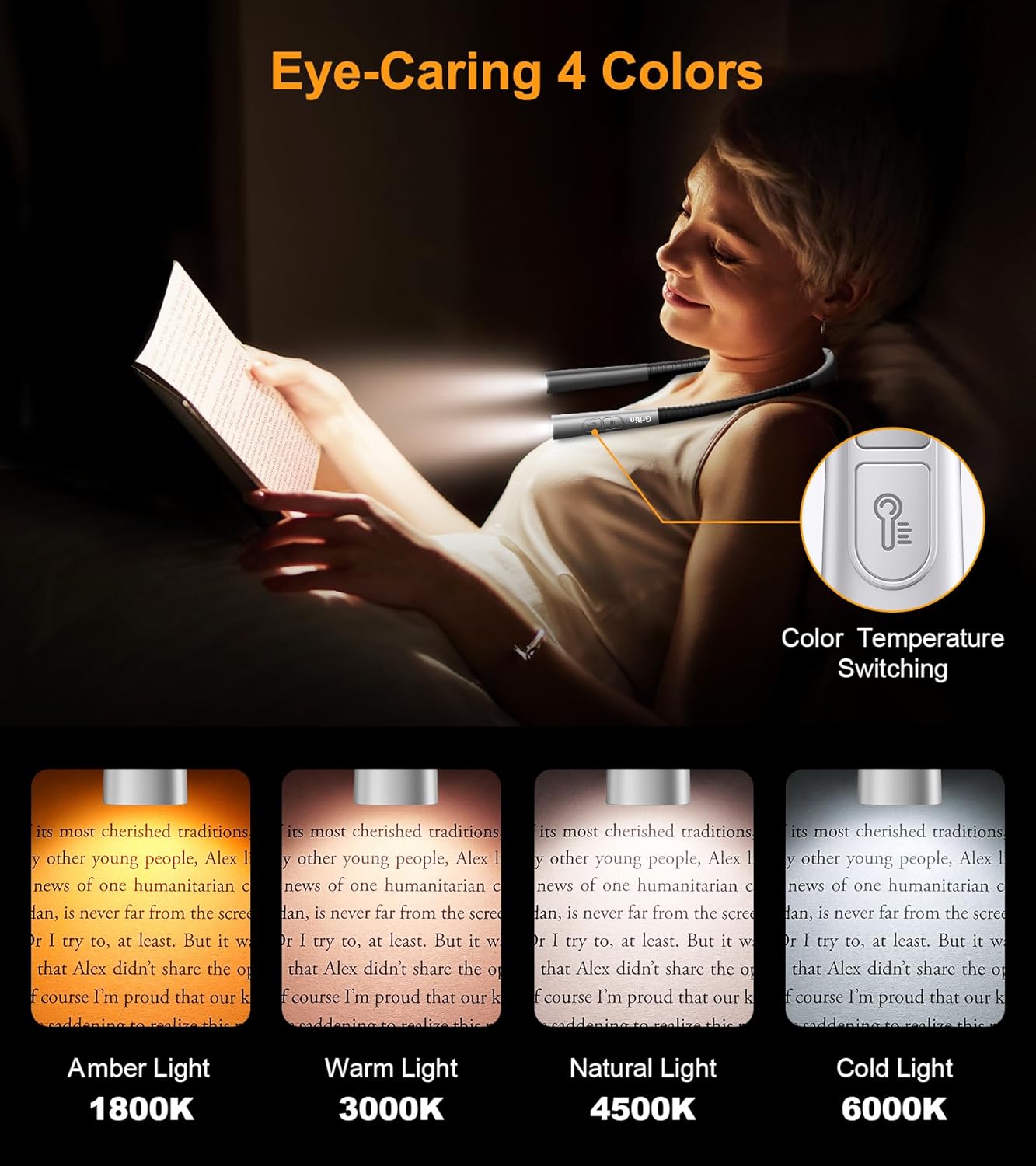 Gritin Book Light,Eye Caring 3 Colors & Stepless Dimming Neck Reading Light