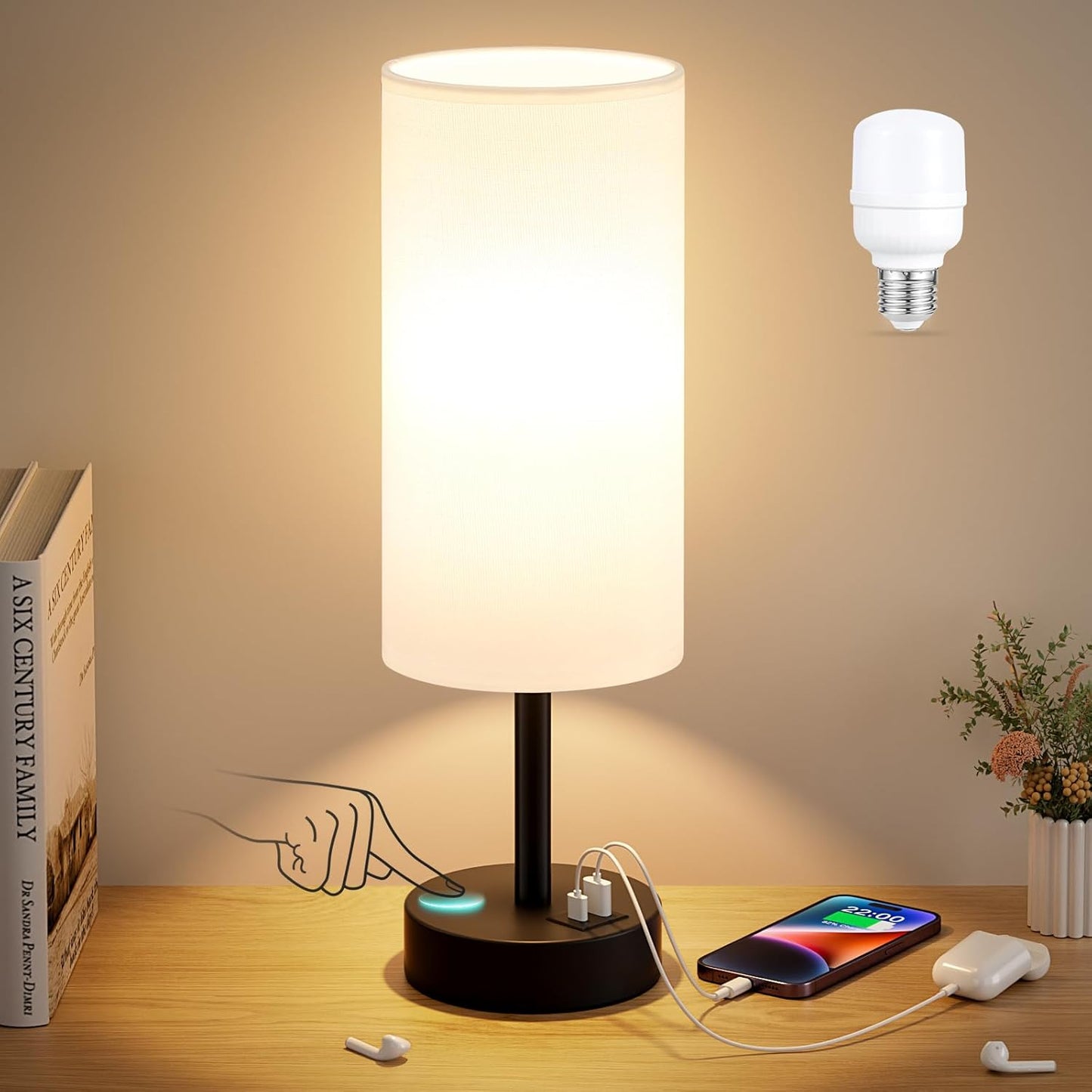 Dicoool Touch Bedside Table Lamp with USB - 3 Way Dimmable Wood Lamp for Bedroom Nightstand, Desk Lamp with Charging Station for Dorm, Living Room, Office, Kids Room, Small, 14in