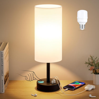 Dicoool Touch Bedside Table Lamp with USB - 3 Way Dimmable Wood Lamp for Bedroom Nightstand, Desk Lamp with Charging Station for Dorm, Living Room, Office, Kids Room, Small, 14in