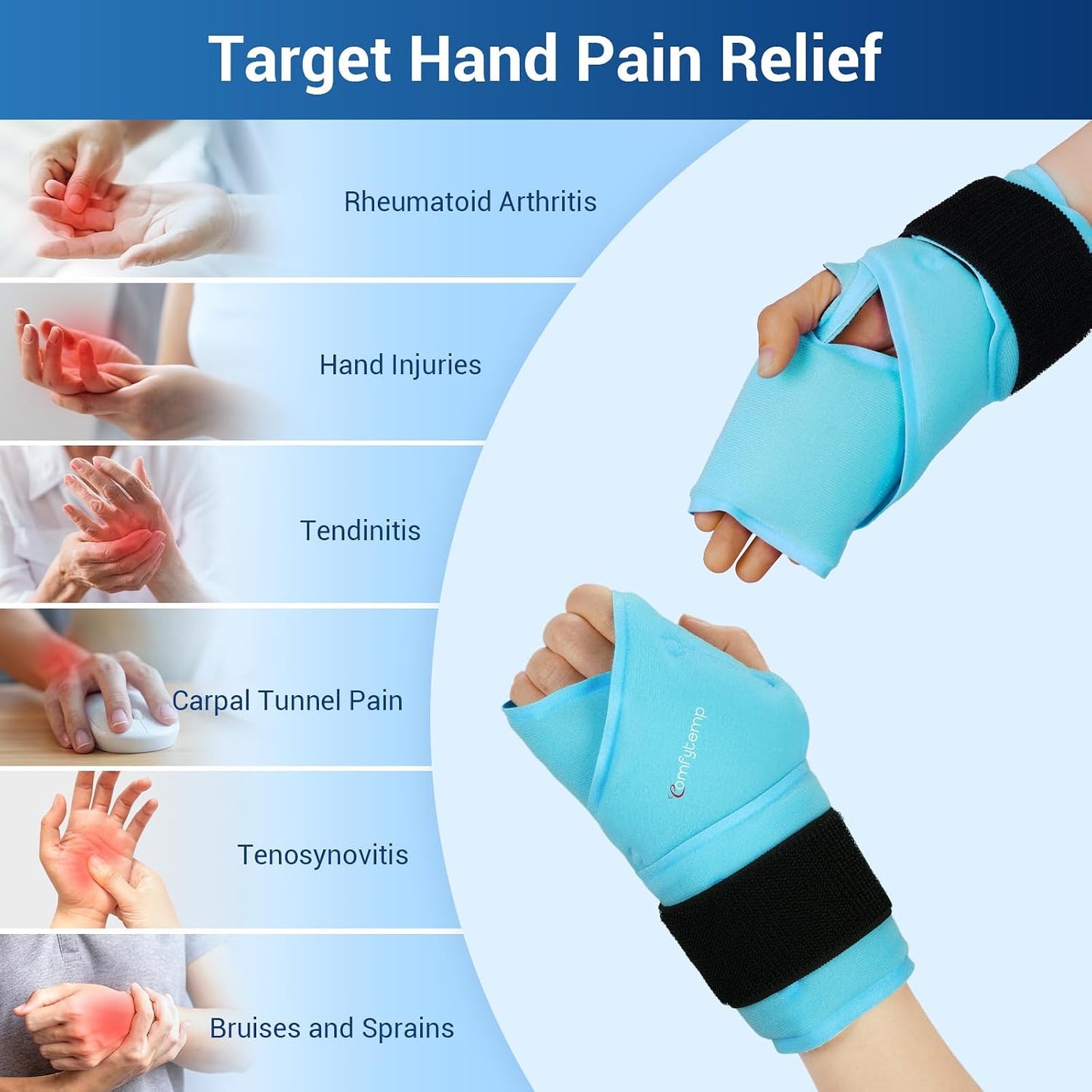 Comfytemp Wrist Ice Pack Wrap Carpal Tunnel Relief Wrist Brace, 2 Packs, FSA Eligible HSA, Gel Ice Packs for Injuries Reusable Wrap for Hand Pain, Hot Cold Compress Hand Brace, Men Women Recovery Item