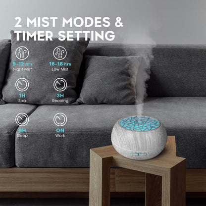 550ml Large Capacity Essential Oil Diffuser 6 Essentil Oil Set Aromatherapy Ultrasonic Air Humidifier with Timer and 7 Color LED Night Light Remote Control Waterless Auto-Off White Wood Grain