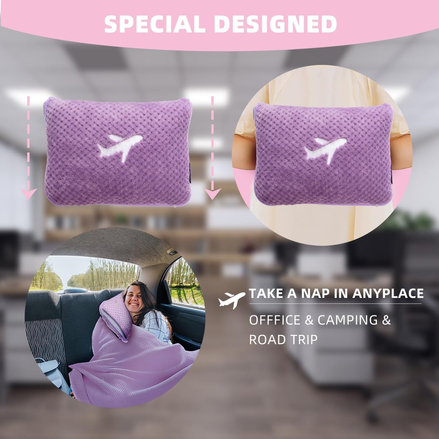 3 in 1 Travel Blanket Pillow Set - 350 GSM Thick Travel Blanket Airplane Compact with Bag, Soft Bag with a Pocket, Inflatable Travel Pillow for Camping & Car Trip(Mint Green)