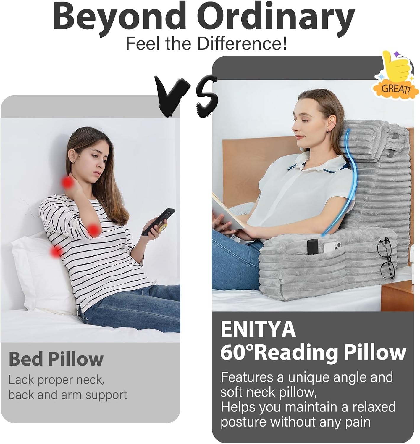 ENITYA 22" XL Back Pillow for Bed Sitting Up, Reading Pillow with Armrests & Big Pockets, Soft Back Support Chair, Ideal for Watching TV, Gaming, Nursing, Resting, Post Surgery, Dark Grey
