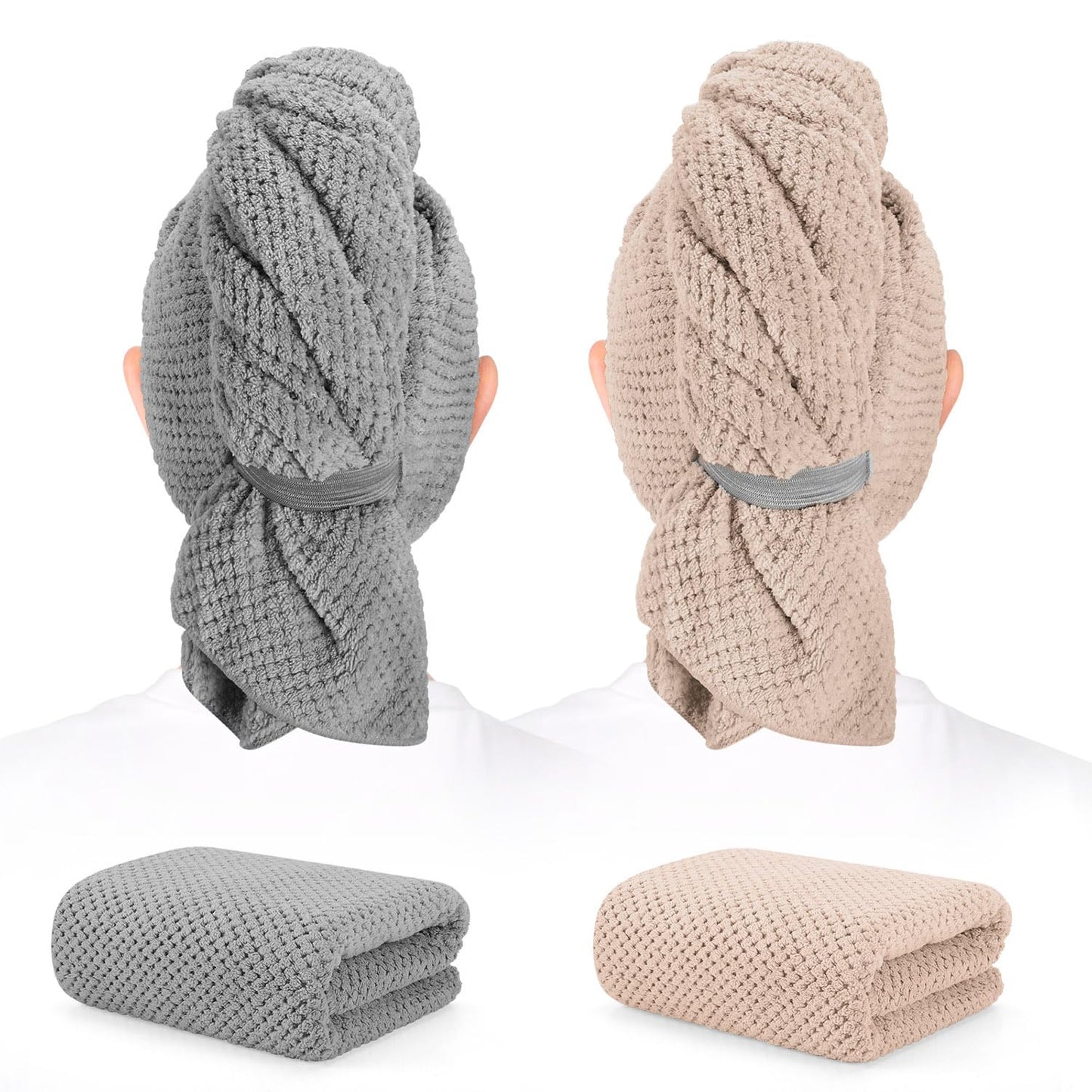 2 Pack Microfiber Hair Towel - 41 x 24 inches Super Soft, Absorbent, Fast Drying Without Frizz Hair Towel Wrap for Women Long, Thick, Curly Hair - Hair Turbans with Elastic Strap