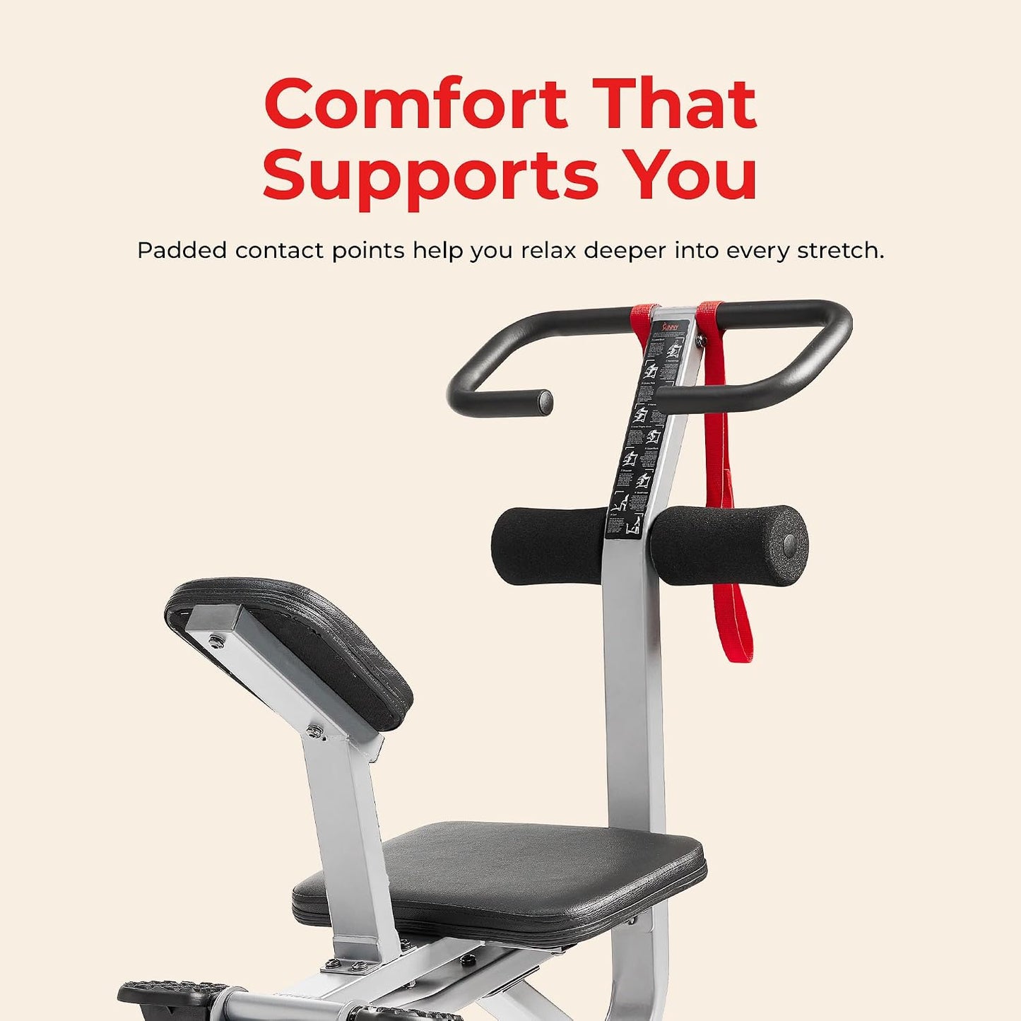 Sunny Health & Fitness Full Body Stretch Machine for Home Gym, Back Stretcher & Flexibility Trainer with Pivoting Seat, Foam Rollers, Safety Straps, Handlebar & SunnyFit App