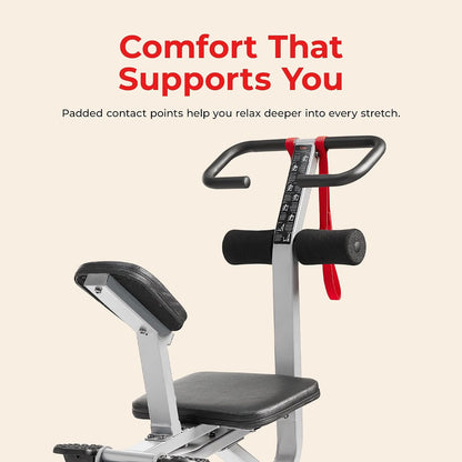 Sunny Health & Fitness Full Body Stretch Machine for Home Gym, Back Stretcher & Flexibility Trainer with Pivoting Seat, Foam Rollers, Safety Straps, Handlebar & SunnyFit App