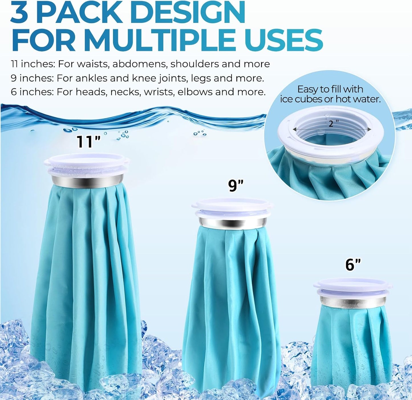 Ice Bags for Injuries Reusable: Ohuhu 3 Packs Ice Cold Packs with Wrap Ice Bag Hot Water Hot & Cold Therapy Pain Relief for Knee Leg Injury No-Leak Waterproof Ice Bags 3 Sizes 6"/9"/11", Blue
