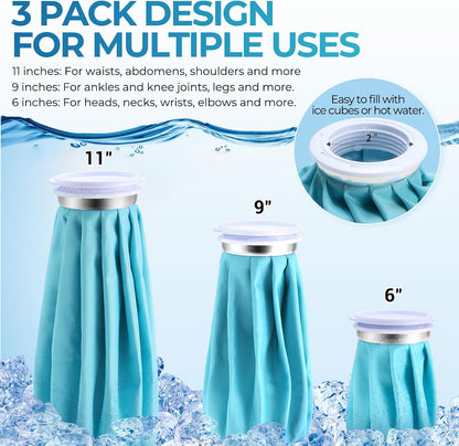 Ice Bags for Injuries Reusable: Ohuhu 3 Packs Ice Cold Packs with Wrap Ice Bag Hot Water Hot & Cold Therapy Pain Relief for Knee Leg Injury No-Leak Waterproof Ice Bags 3 Sizes 6"/9"/11", Blue