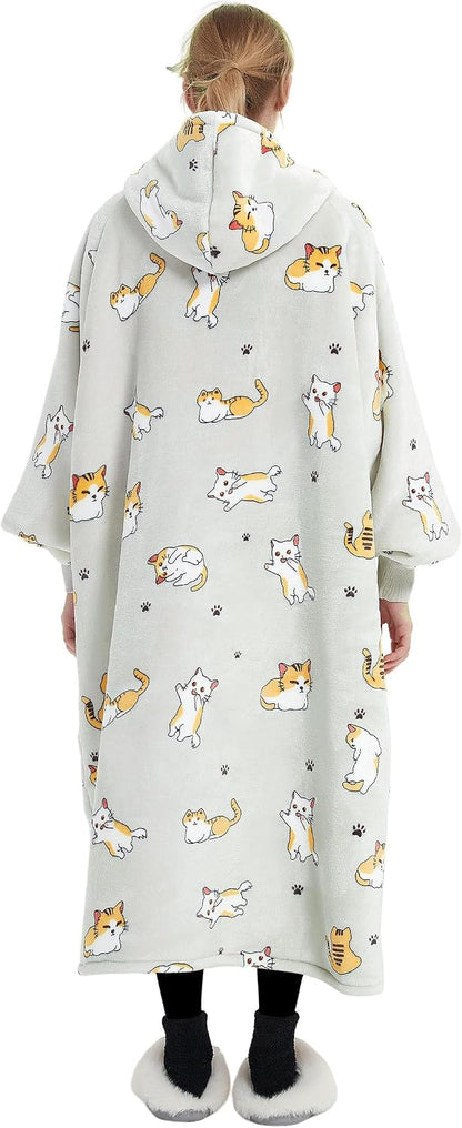 KFUBUO Wearable Blanket Hoodie for Adults Sherpa All Patterns Cat Oversized Sweatshirt Blanket with Pockets for Women