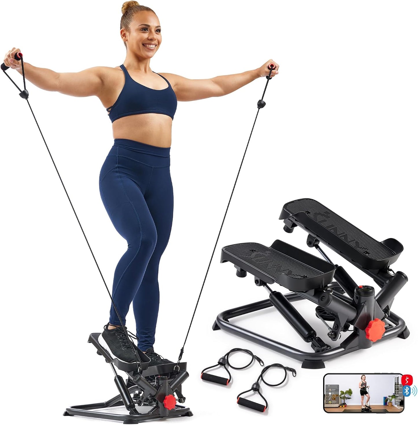Sunny Health & Fitness Twist Steppers with Resistance Bands, Compact Mini Stair Step Machines for Low-Impact Home Cardio Workouts