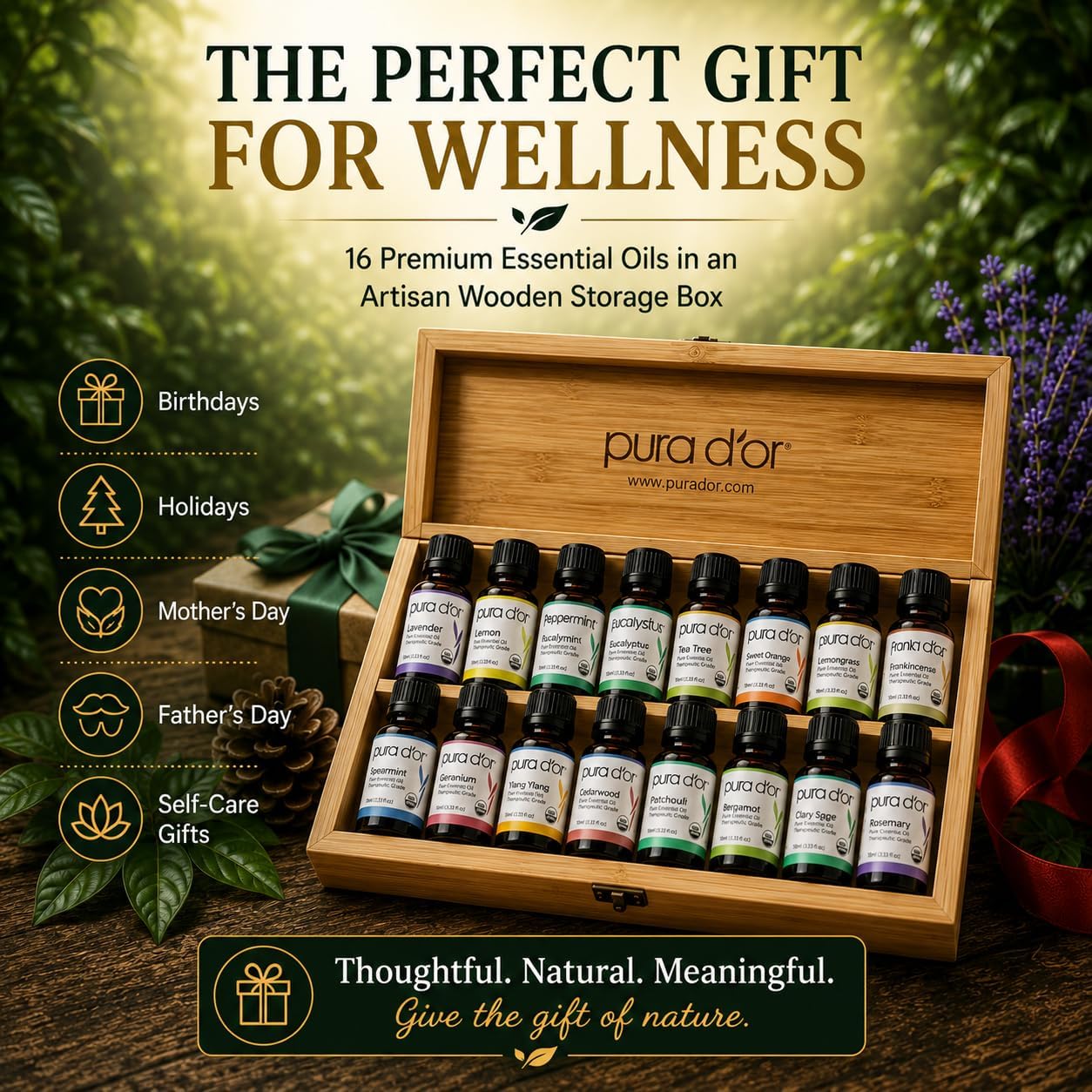 PURA D'OR Organic Sweet16 Essential Oils Set - 16x 10mL Wood Box Aromatherapy Gift Set - 100% Pure Therapeutic Grade for Relaxation and Wellness (Lavender, Rosemary, Turmeric, Ylang Ylang & More)