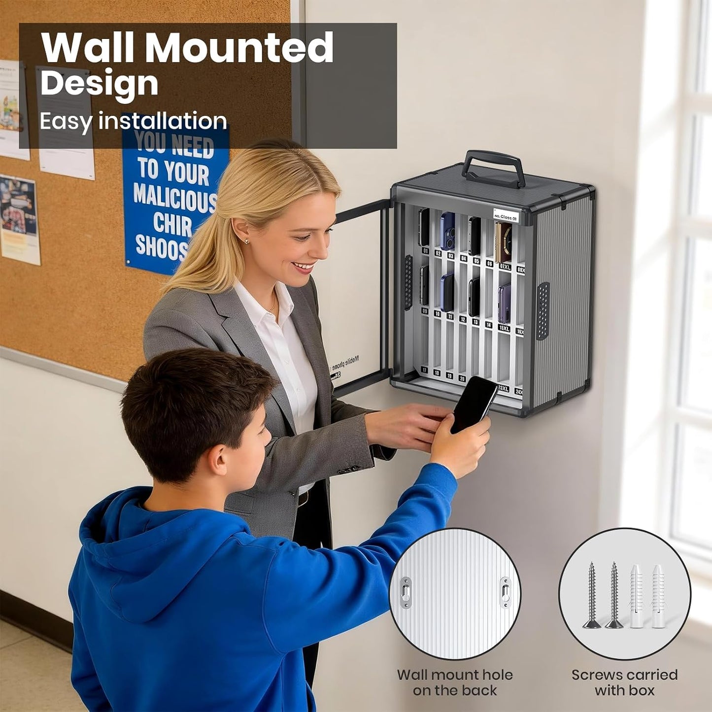 36 Slots Cell Phone Locker for Classroom, Portable Mobile Phone Storage Box with 【2 Different Size Slots】, Phone Lock Box Wall Mounted (Black)