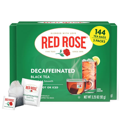 Red Rose Decaffeinated Black Tea, Smooth & Flavorful, 48 Tea Bags 3 Pack
