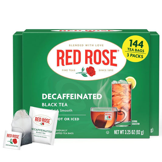 Red Rose Decaffeinated Black Tea, Smooth & Flavorful, 48 Tea Bags 3 Pack