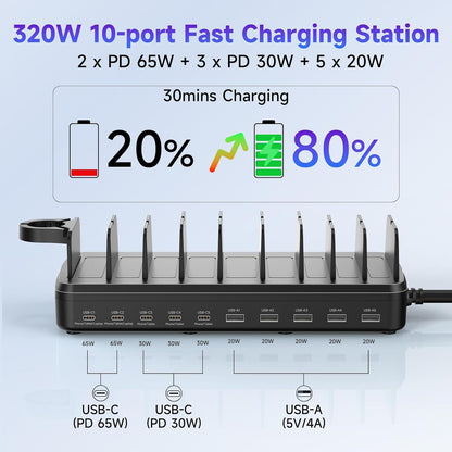 320W Charging Station for Multiple Devices, 10 Ports Fast Multi-Device Charger Organizer Compatible with MacBook Pro Laptop, iPhone, Android, Ipad, Tablet, Kindle, Family Multi-Device Charging Dock