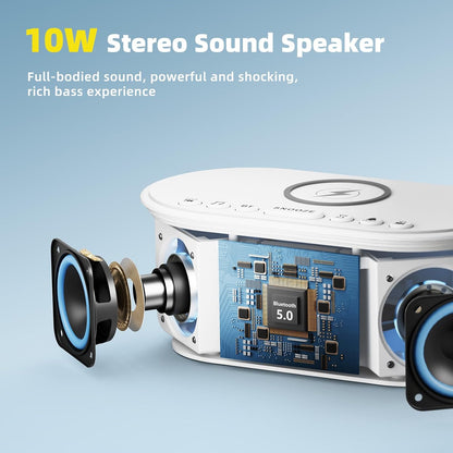 Sound Machine Alarm Clock for Bedrooms: Bluetooth 10W Stereo Sound Speaker with Wireless Charging - White Noise Machine for Sleeping with 21 Soothing Sounds - Putty