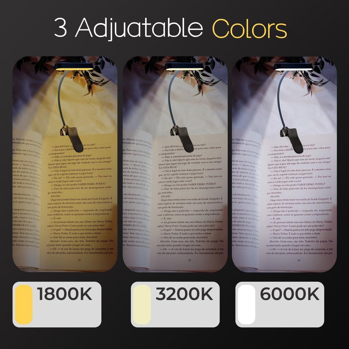 LED Book Light, Book Light for Reading in Bed, Eye Caring, 3 Colors & 5 Brightness, Rechargeable Long Lasting Reading Light, Lightweight Clip on Light, Gifts for Book Lovers (Black)