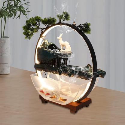 Mini Artificial Bonsai Tree Waterfall Fog Feature Rock Tabletop Fountain | 11in Desktop Decor Waterfall Fountain W/ Water Pump& Atomizer&LED Lights &Fake Tree Office Bedroom Relax
