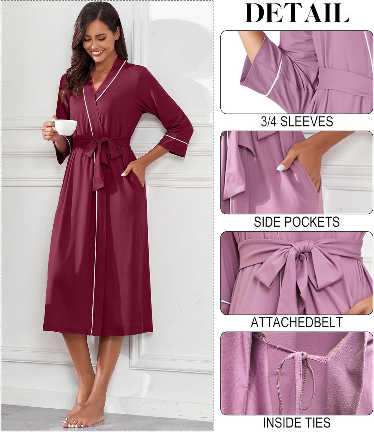 PrinStory Robes for Women 3/4 Sleeve Long Bath Robe XS-4XL