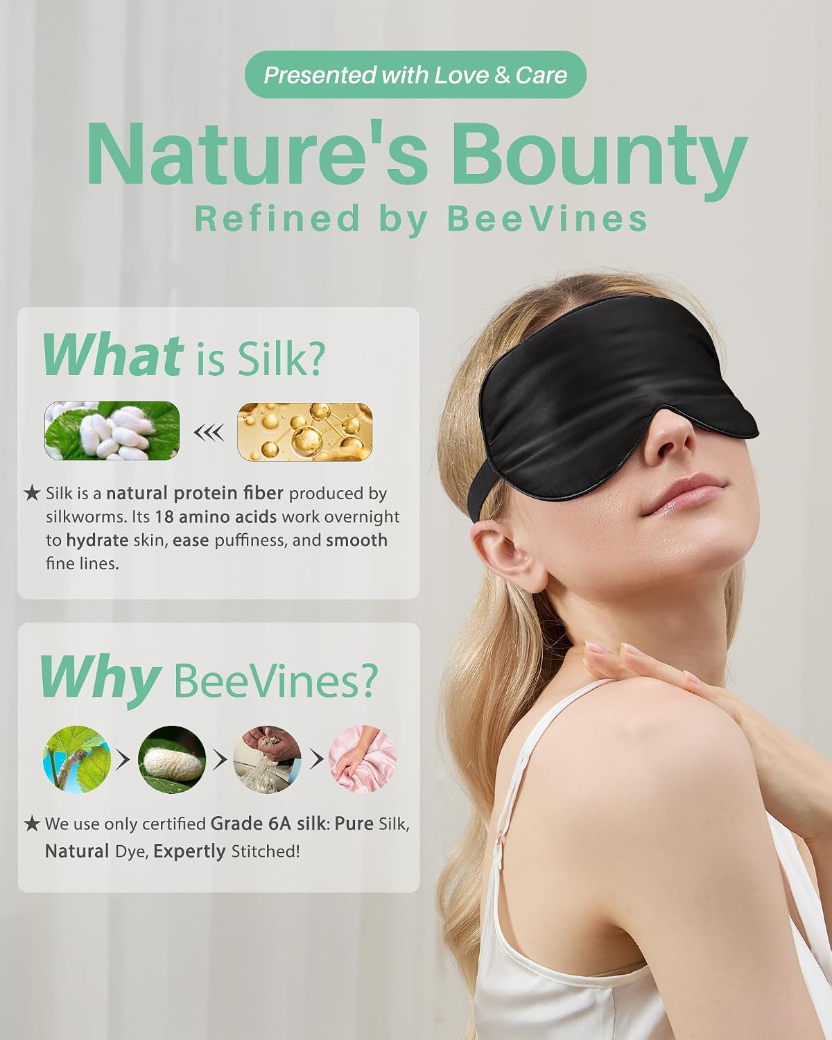 BeeVines 100% Real Mulberry Silk 2 Pack Sleep Mask, Natural Pure Silk Eye Masks with Adjustable Strap for Sleeping, Block Light Eye Sleep Shade Cover, Reduces Puffy Eyes Traveling Gifts