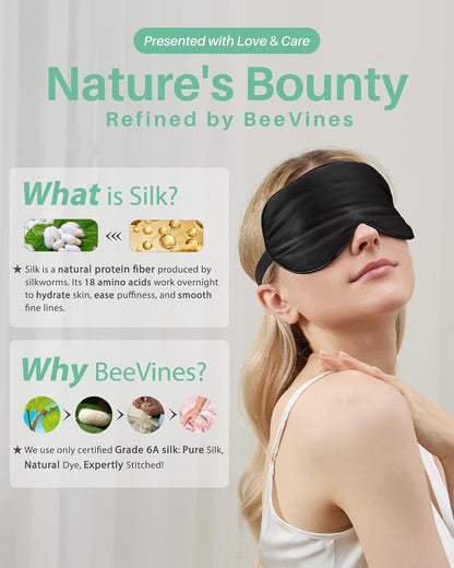 BeeVines 100% Real Mulberry Silk 2 Pack Sleep Mask, Natural Pure Silk Eye Masks with Adjustable Strap for Sleeping, Block Light Eye Sleep Shade Cover, Reduces Puffy Eyes Traveling Gifts
