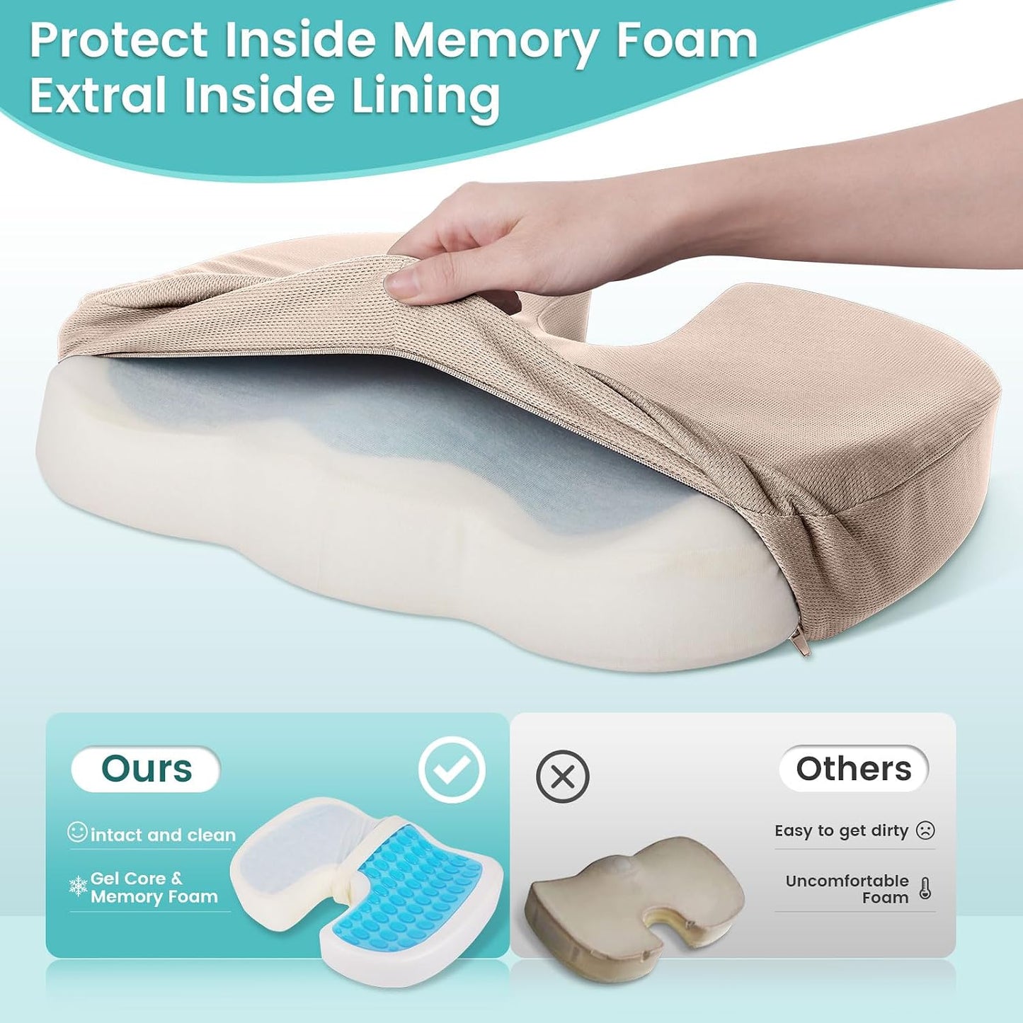 Office Chair Seat Cushion, Cooling Gel Enhanced Memory Foam Cushion for Long Sitting - Back, Sciatica, Coccyx, Tailbone Pain Relief Pillow - for Office, Gaming, Car, Wheelchair - Black, Large