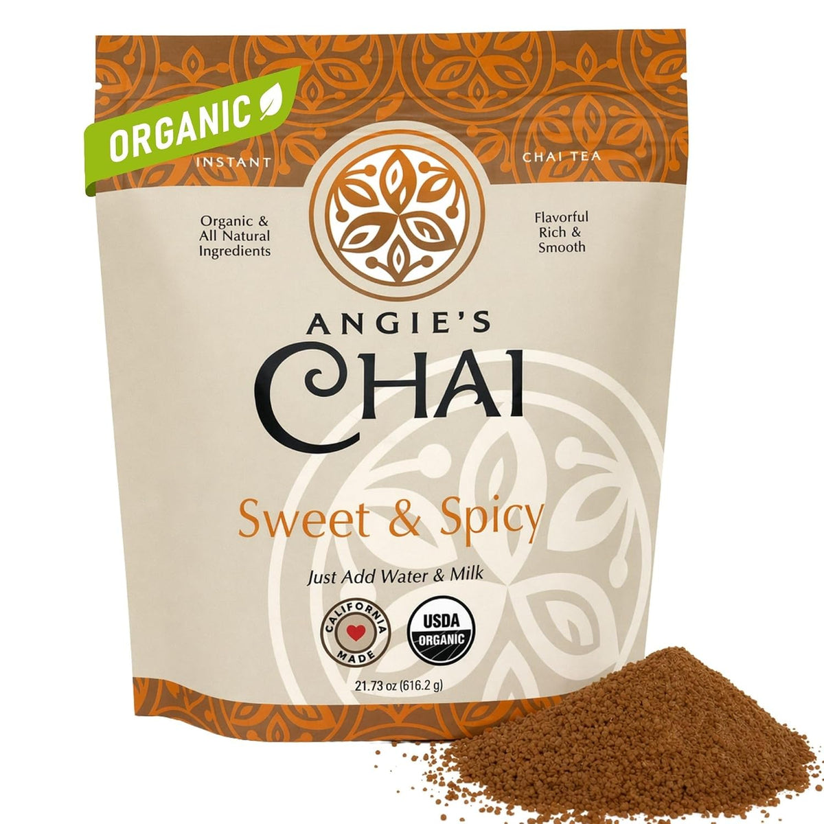 Angie's Chai Sweet & Spicy Organic Instant Chai Tea Powder - Made in USA, Delicious Spiced Mix, 30 Servings, 80 Calories, Handcrafted, Free of Artificial Ingredients, Natural Indian Spice, 12 oz