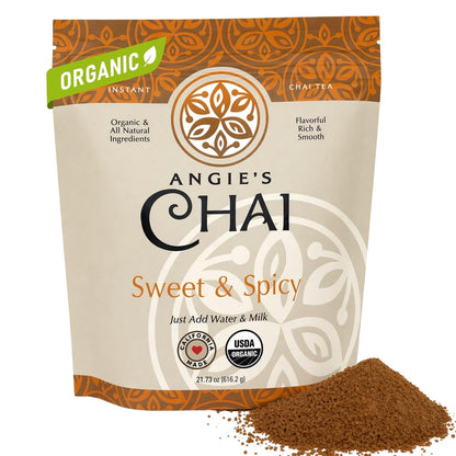 Angie's Chai Sweet & Spicy Organic Instant Chai Tea Powder - Made in USA, Delicious Spiced Mix, 30 Servings, 80 Calories, Handcrafted, Free of Artificial Ingredients, Natural Indian Spice, 12 oz