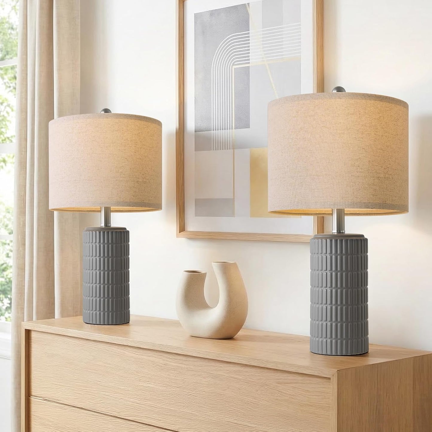 PoKat 20.75" Small Modern Ceramic Table Lamps Set of 2 for Bedroom, White Bedside Lamps for Night Stands, Farmhouse Desk Home Decor Gift Nightstand Table Lamps for Living Room End Table Beige