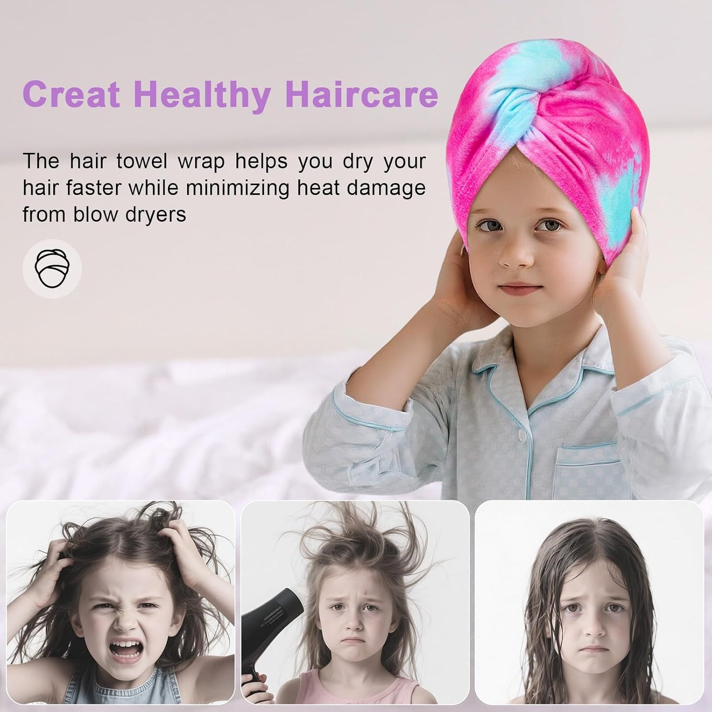Unicorn Castle Microfiber Hair Towel for Kids 2Pack Hair Wrap Towels Absorbent Hair Drying Towel Wrap Hair Turbans for Curly Thick Hair, Pink White Strawberry