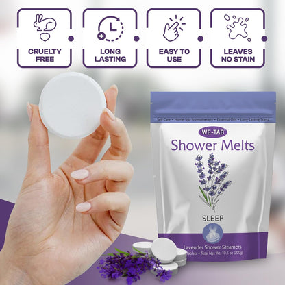 Shower Steamers 10-pk with Essential Oil Aromatherapy to Unwind and Sleep, Long Lasting Lavender Scent, No Stain or Artificial Dye, for Relaxation, Stress Relief and Self Care Gift for Everyone!