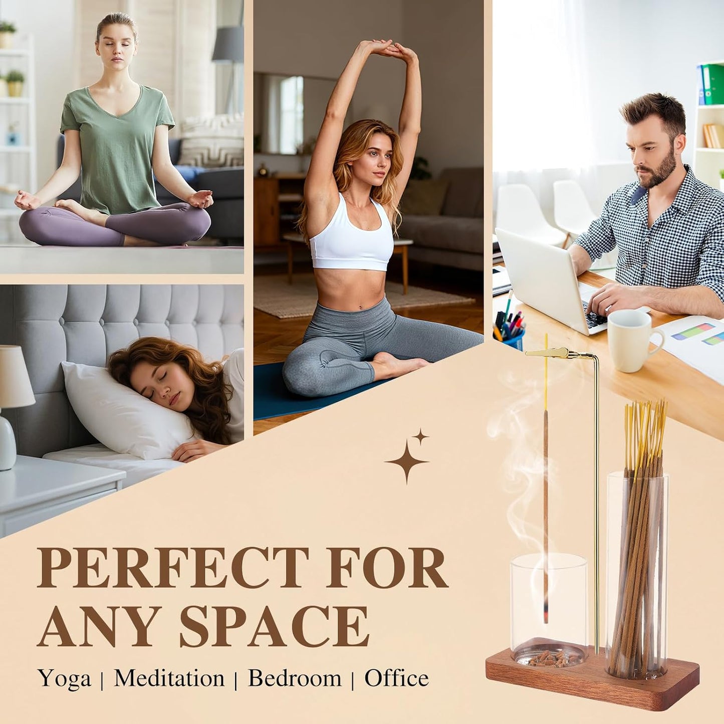 2 in 1 Incense Holder for Sticks with Glass Ash Catcher, Upside Down Anti-Ash Incense Stick Burner, Modern Vertical Incense Holder for Yoga, Spa, Meditation and Home Decor （Black）
