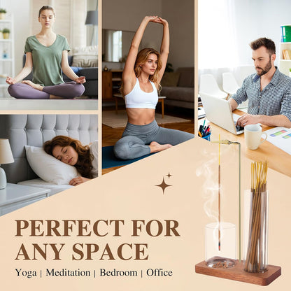 2 in 1 Incense Holder for Sticks with Glass Ash Catcher, Upside Down Anti-Ash Incense Stick Burner, Modern Vertical Incense Holder for Yoga, Spa, Meditation and Home Decor （Black）
